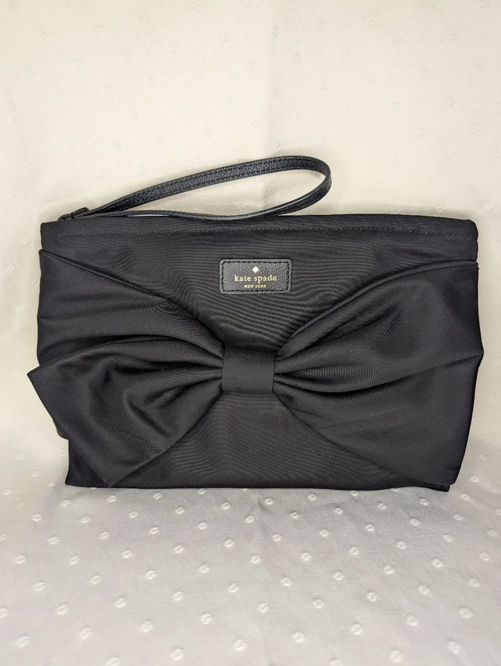 Kate Spade New York On Purpose Black Nylon Bow Wristlet Clutch Leather Trim